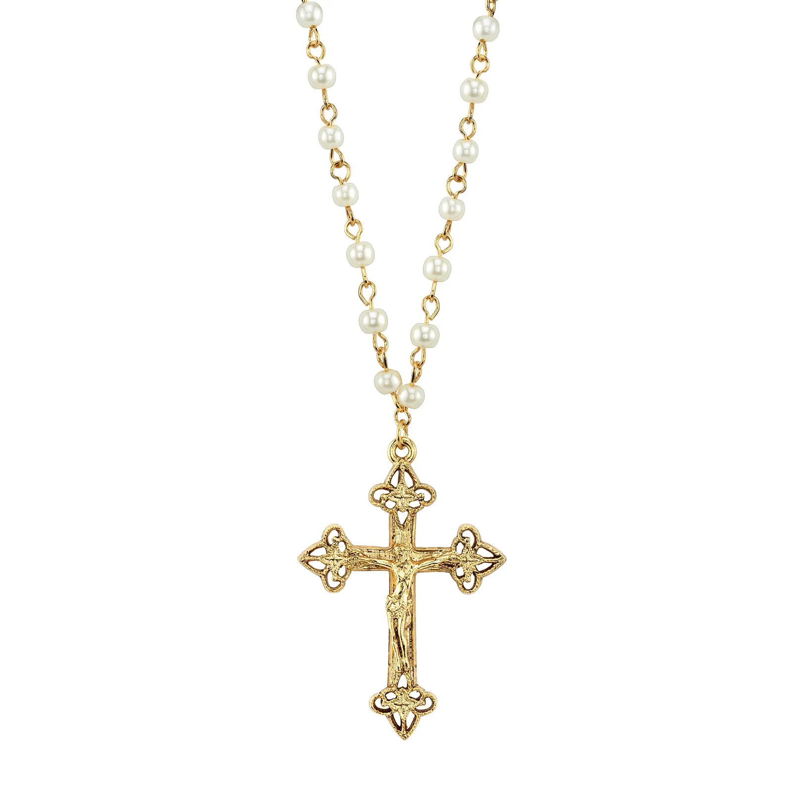 1928 Jewelry 4mm Faux Pearl Chain Gold Crucifix Cross Pendant Necklace 16 + 3 Extender