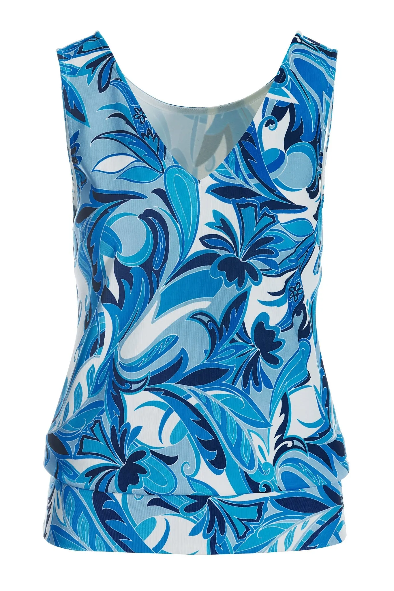 Beyond Travel Islamorada Sleeveless V Neck Blouson Top Blue Multi