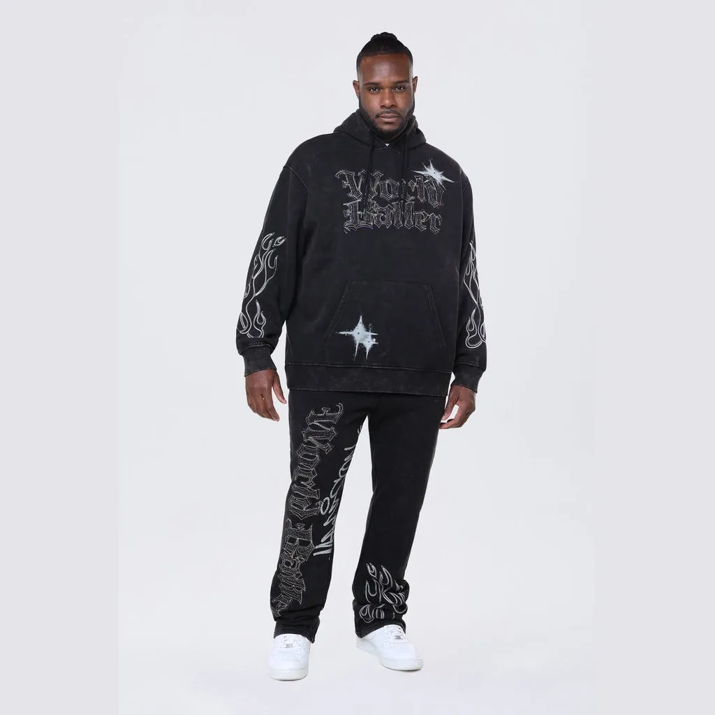 Big and Tall - Stacked Rhinestone Dystopia Fleece Pants - Black