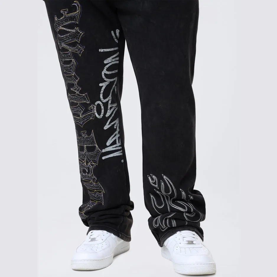 Big and Tall - Stacked Rhinestone Dystopia Fleece Pants - Black