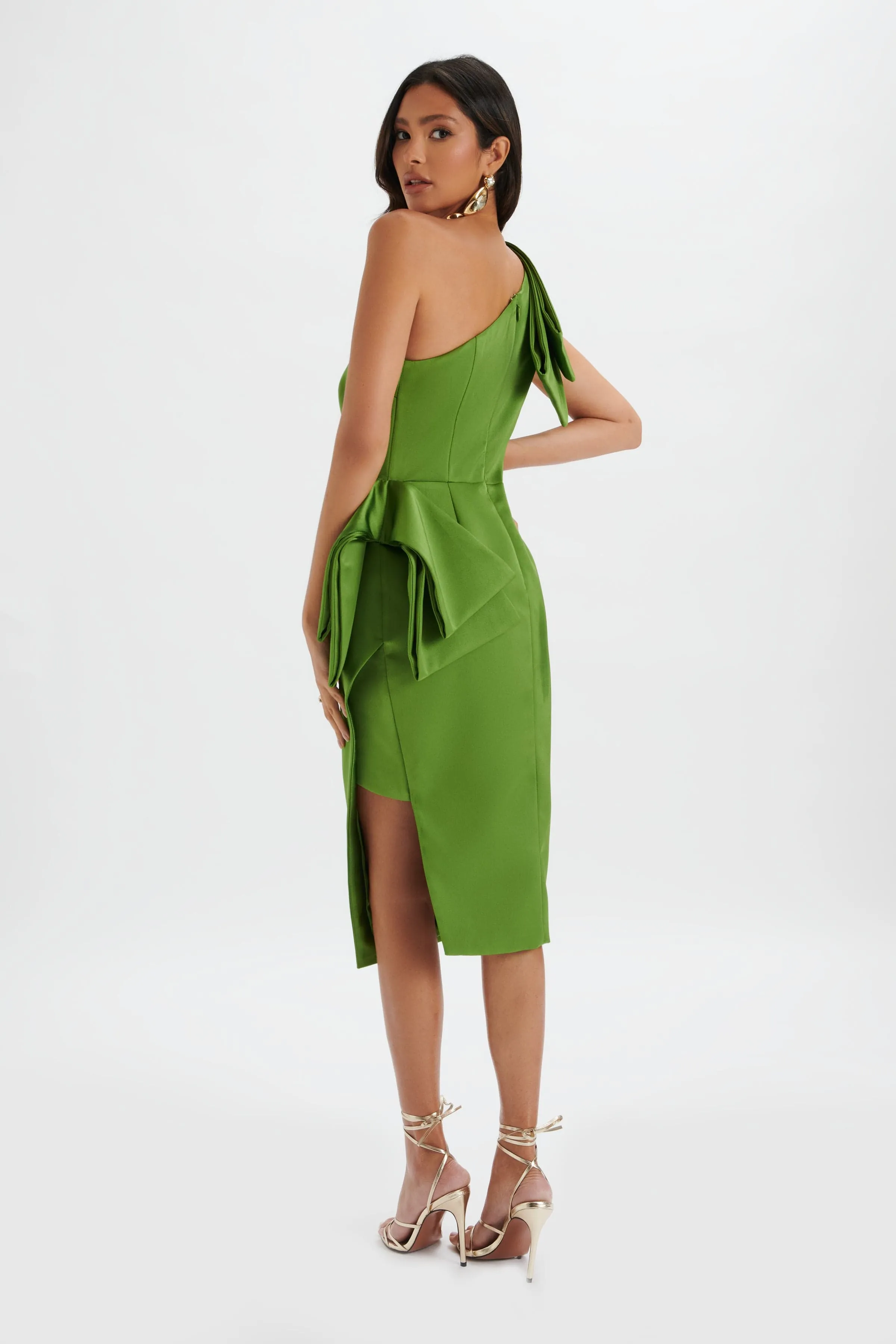 BLOOM One Shoulder Bow Detail Satin Midi Dress in Green