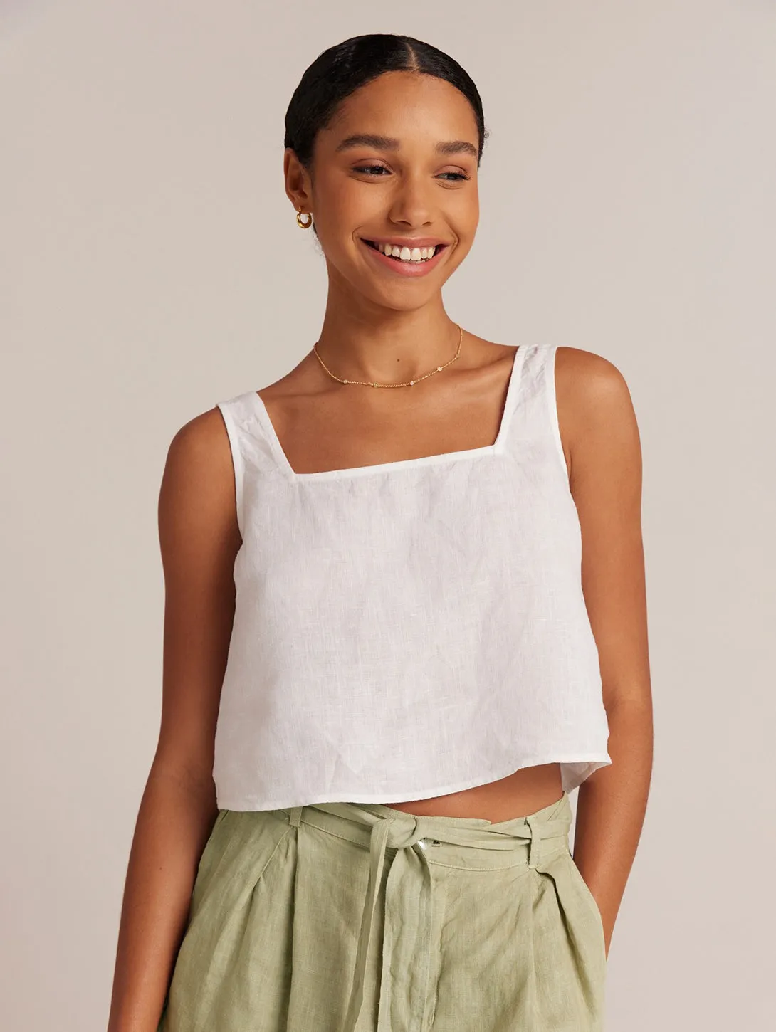 Button Back Linen Tank - White