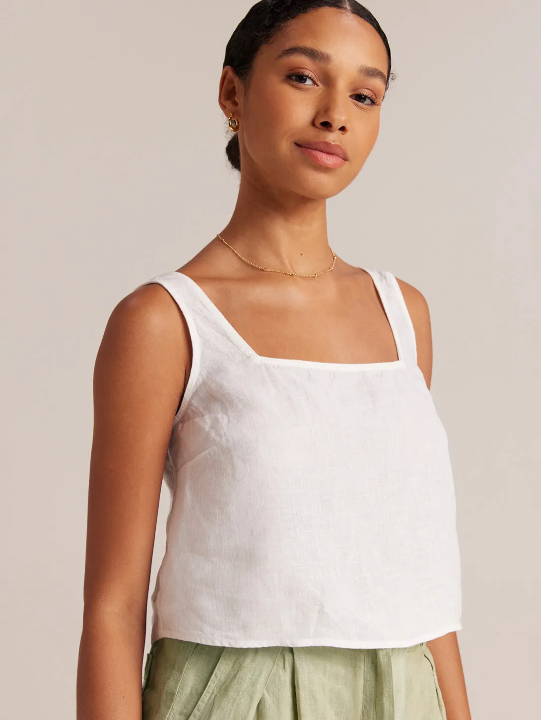 Button Back Linen Tank - White