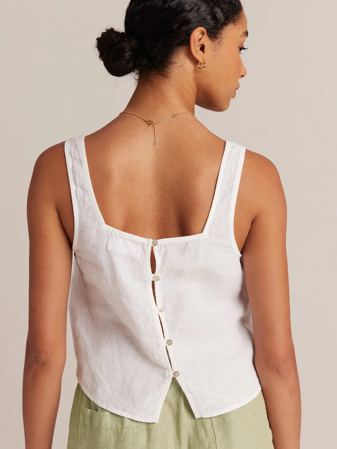 Button Back Linen Tank - White