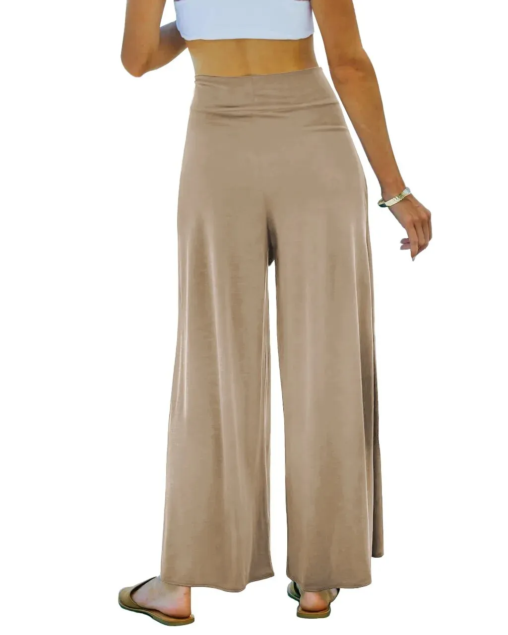 High Waist Flowy Wide Leg Pants Front Split Wrap Elastic