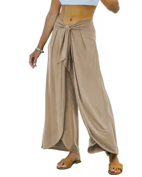 High Waist Flowy Wide Leg Pants Front Split Wrap Elastic