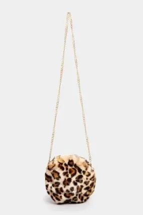 Natural Brown Leopard Print Faux Fur Circle Bag