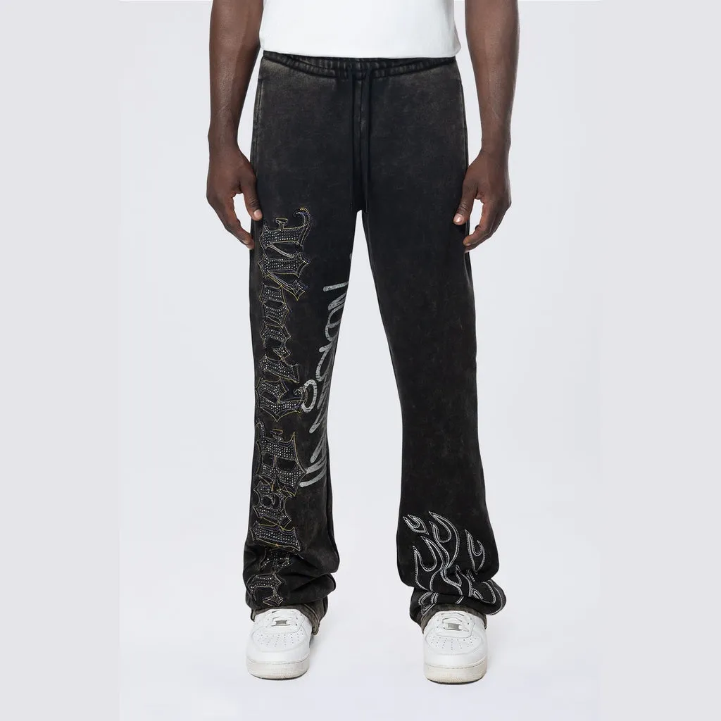 Stacked Rhinestone Dystopia Fleece Pants - Black