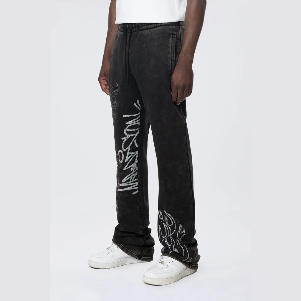 Stacked Rhinestone Dystopia Fleece Pants - Black