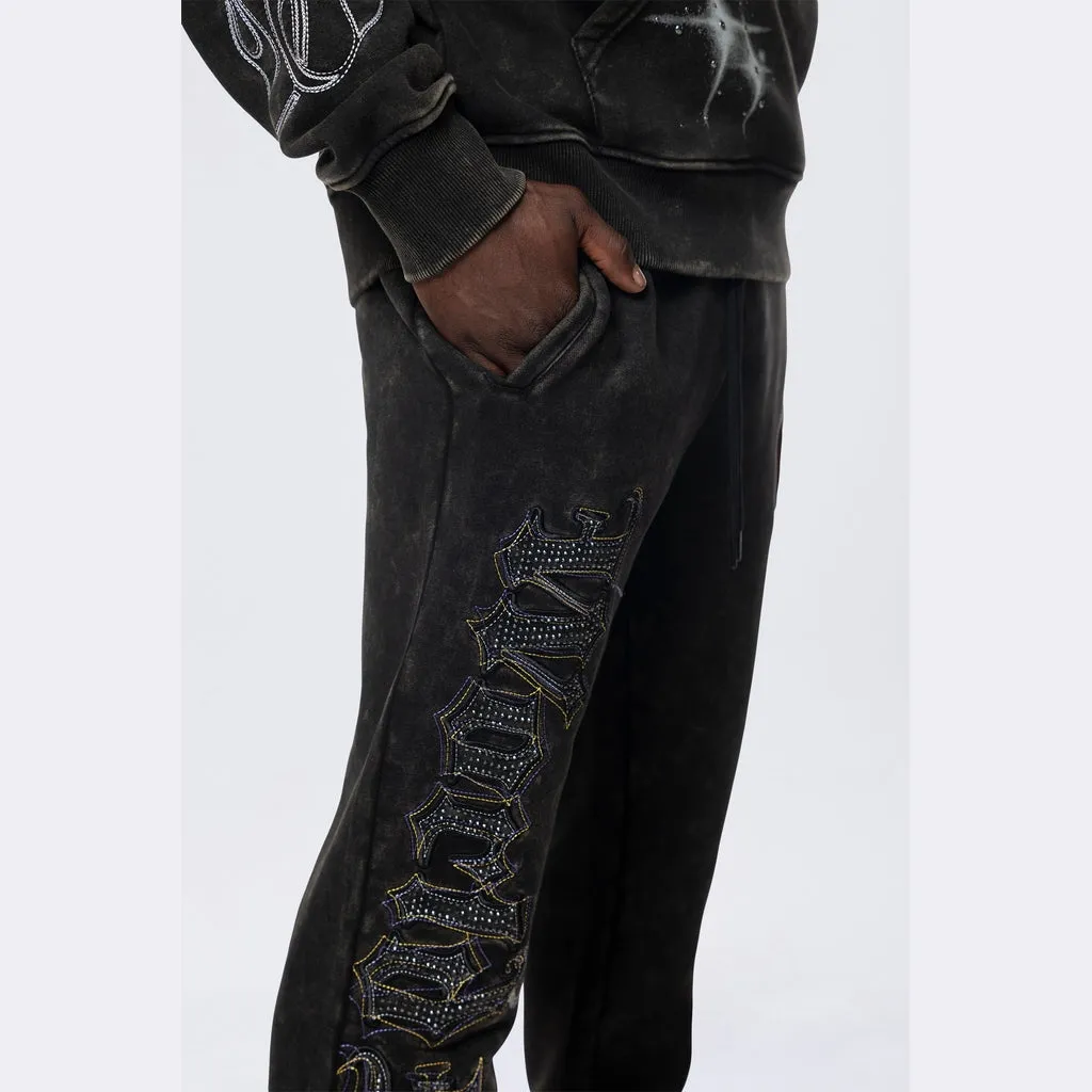 Stacked Rhinestone Dystopia Fleece Pants - Black