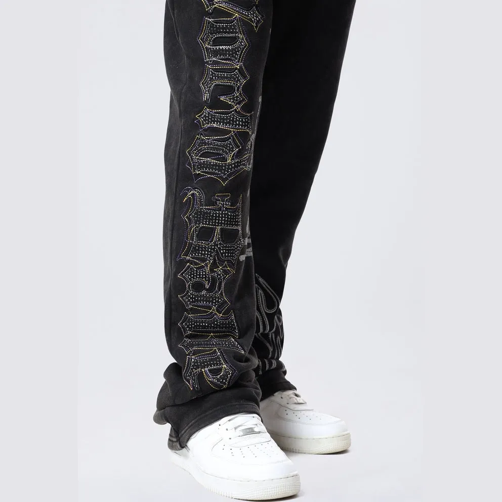 Stacked Rhinestone Dystopia Fleece Pants - Black