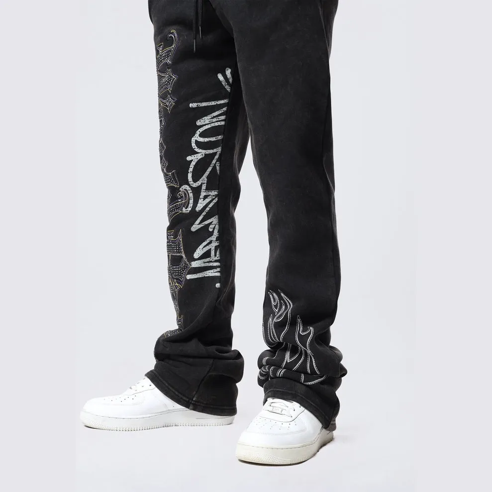 Stacked Rhinestone Dystopia Fleece Pants - Black