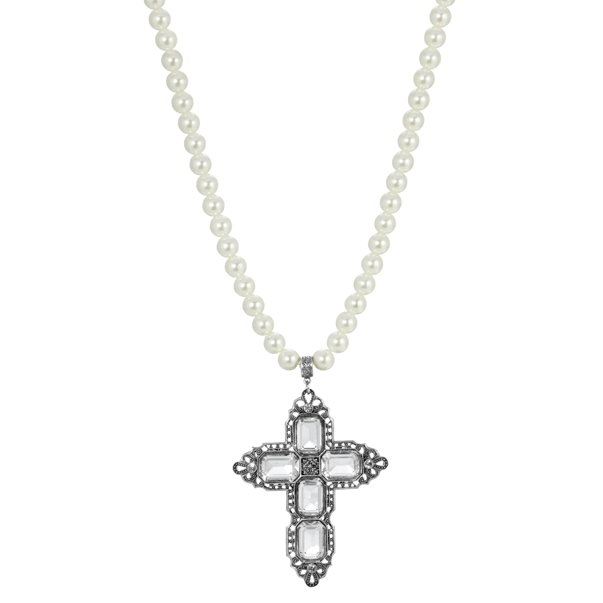 Symbols Of Faith Octagon Stone Cross Pendant 10mm Faux Pearl Strand Necklace 18 + 3 Extender