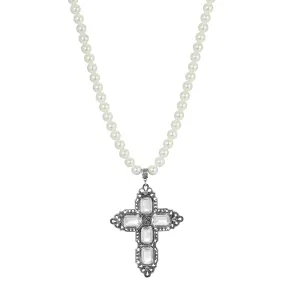 Symbols Of Faith Octagon Stone Cross Pendant 10mm Faux Pearl Strand Necklace 18 + 3 Extender