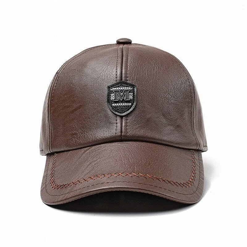 Winter Casual Adjustable Faux Leather Snapback Baseball Cap for Men