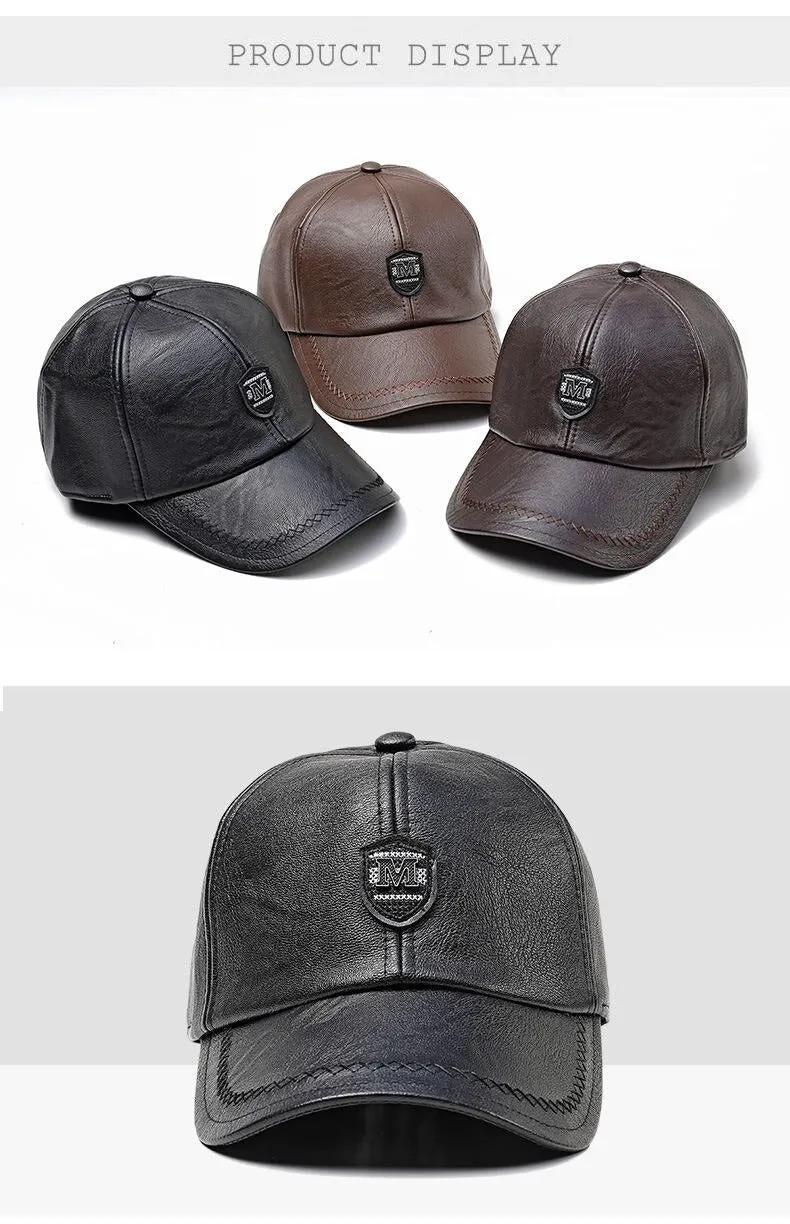 Winter Casual Adjustable Faux Leather Snapback Baseball Cap for Men