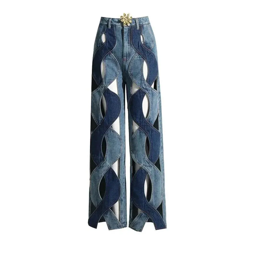 Women's Sexy High Waist Hollow Out Patchwork Casual Wide Leg Pants