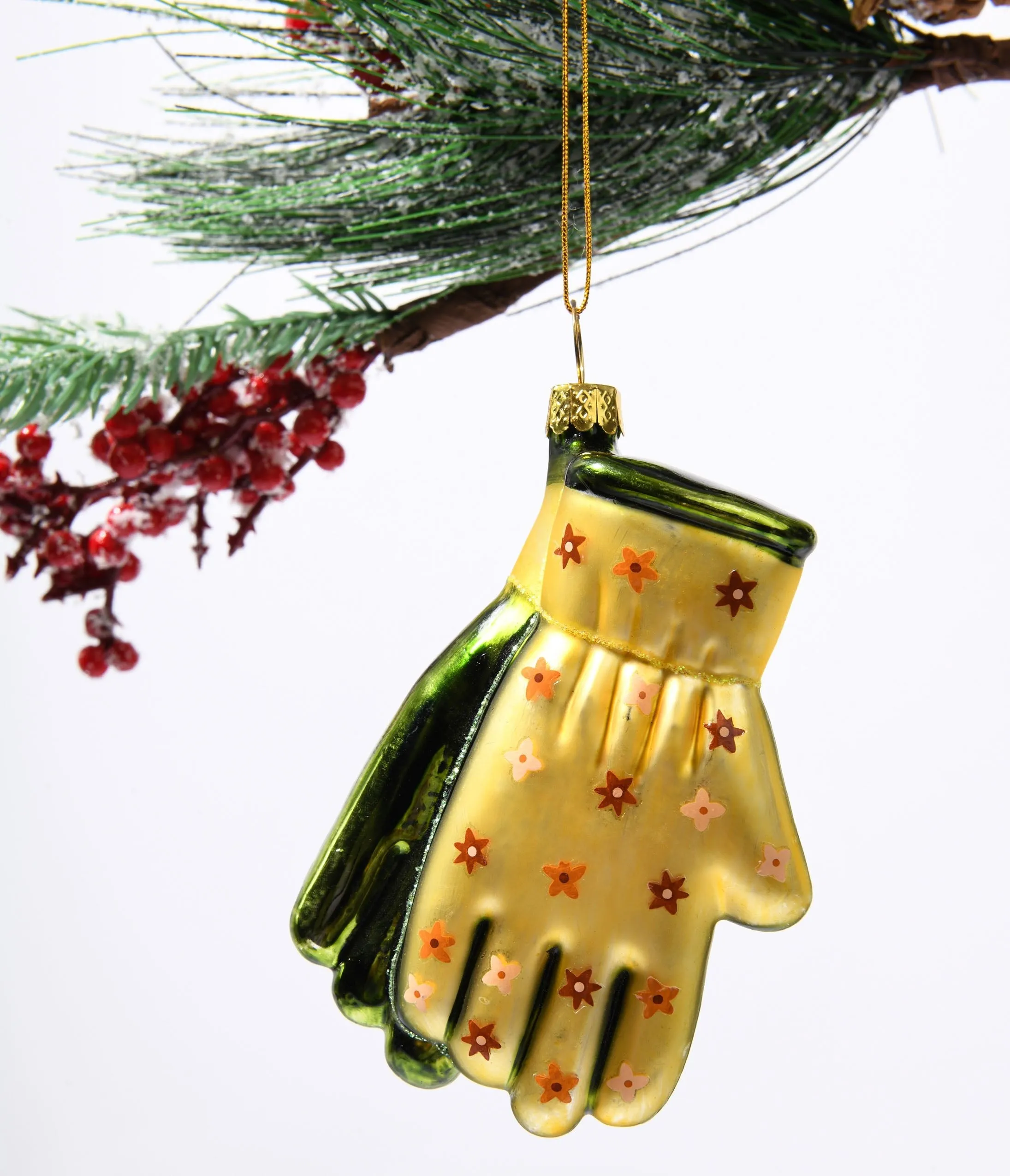 Yellow & Green Gardening Gloves Glass Ornament